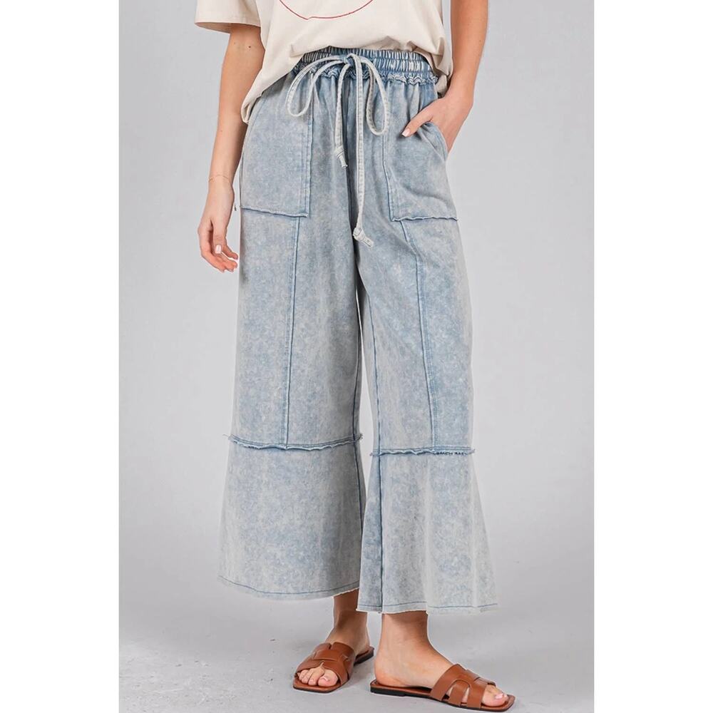 SAGE + FIG Mineral Washed Denim Cropped High Waisted Terry Pants Medium